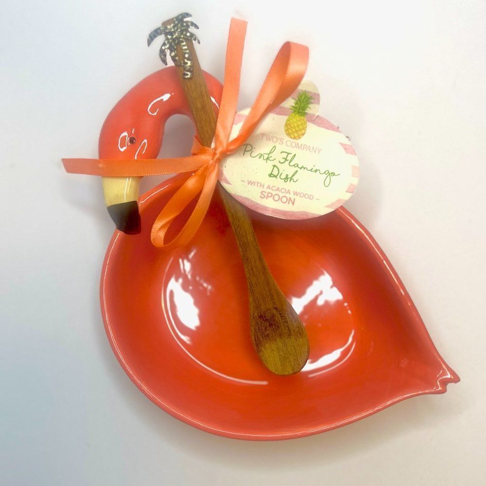 Pink Flamingo Dish with Acacia Wood Spoon